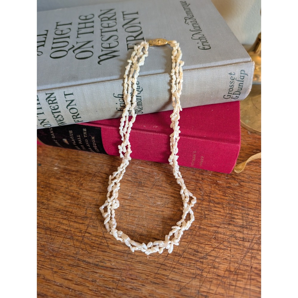 Vintage Triple Strand Rice Pearl Necklace Gold Tone Filigree Clasp 16.5 Inch
